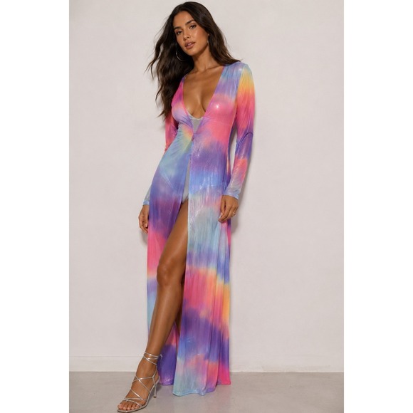 Jaded London Dresses & Skirts - Jaded London Mesh Bodycon Maxi Dress w/ Silver Bodysuit Medium‎ Festival Rave